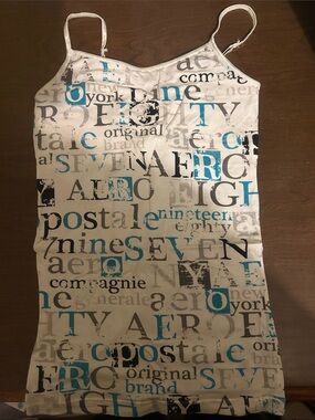 Aeropostale White Tank One-Piece with Blue & Gray Lettering